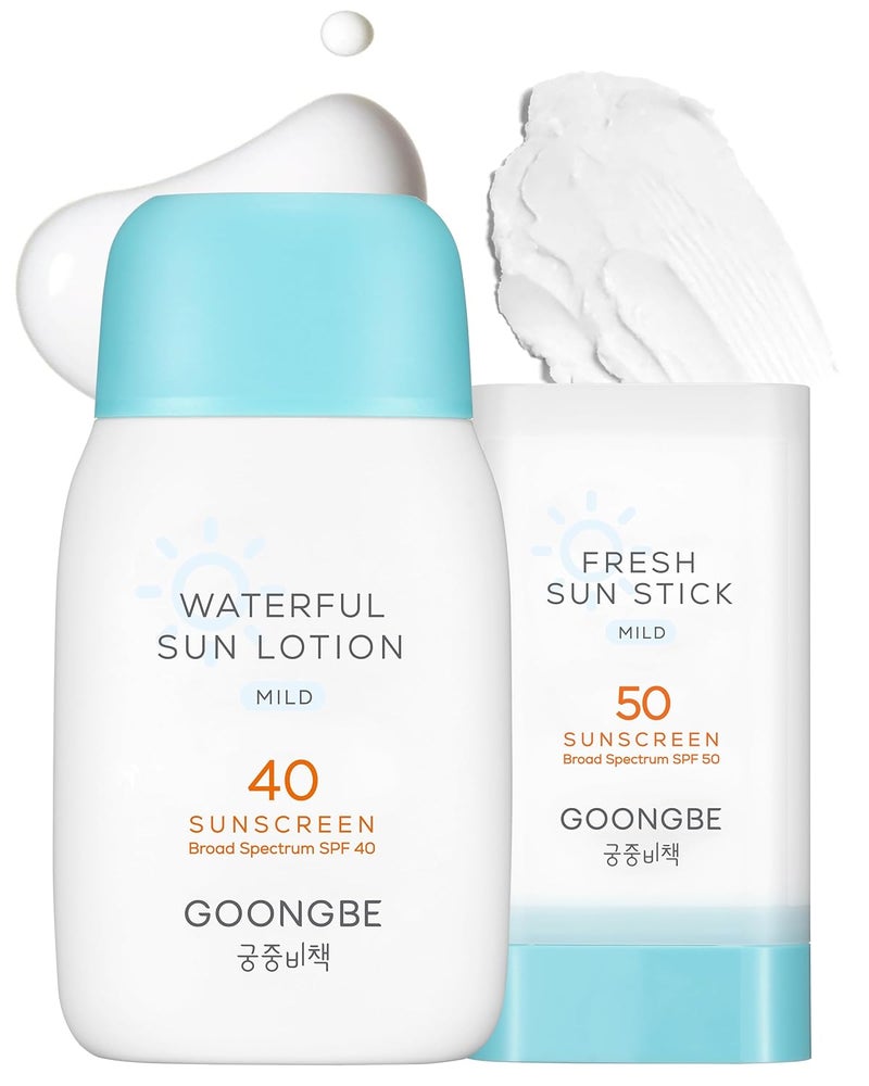goongbe لوسيون الشمس SPF 40 و عصا الشمس SPF 50 - واقي شمس معدني أكسيد الزنك 100% - بدون أثر أبيض - آمن للشعاب المرجانية للنباتيين للأطفال والبالغين - العناية بالبشرة الكورية، 2.82 أونصة و 0.49 أونصة - Image 1
